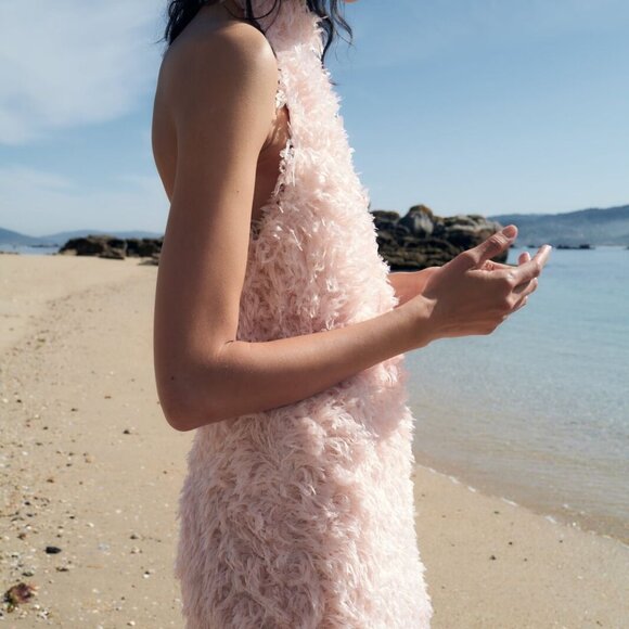 Zara Pink Halter Feather Mini Dress S - Picture 3 of 5